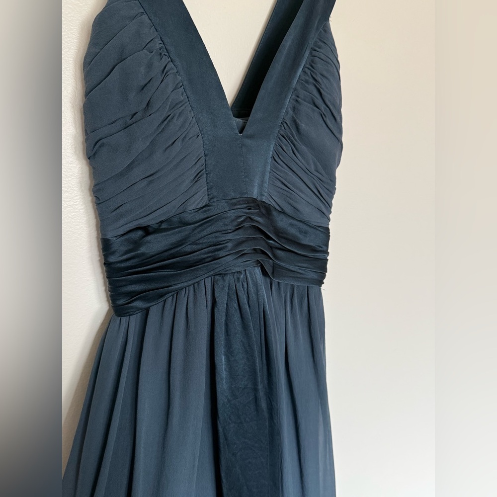 Max & Cleo dark teal plunging neck, rouched bodice, tea length gown - size 8